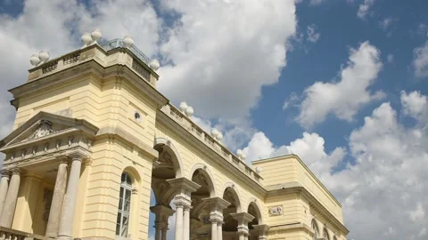 Dramatic sky above Ornate pavilion of Gloriette, Schonbrunn Palace Stock Footage 134989810