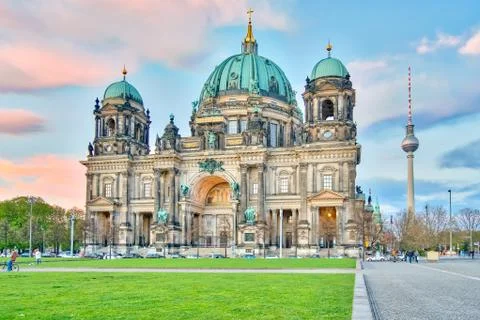 Dramatic sky with Berlin Cathedral and Television Tower in Berlin, Germany Fotos de archivo