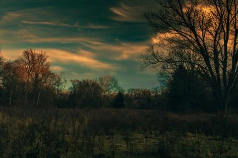 A Dramatic Sky at Blue Hour Over an Autumn Field Stock Photos
