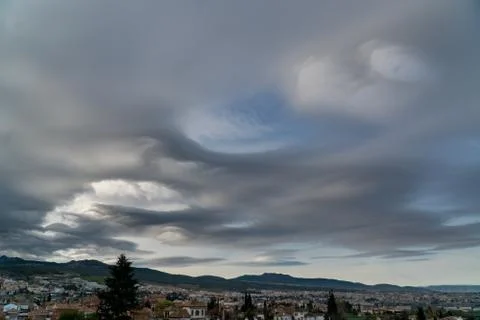 Dramatic sky. Interesting unusual lenticular clouds. Stock Photos