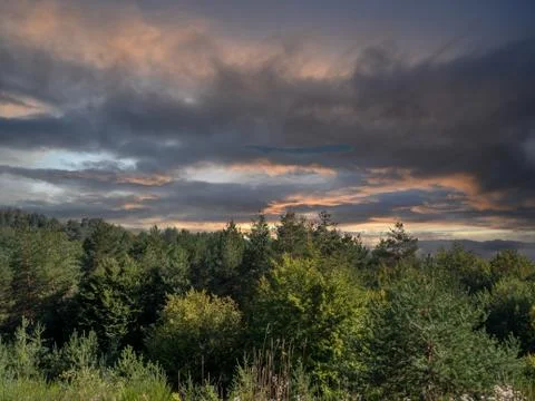 Dramatic sky in the mountains over the green forest Stock Photos