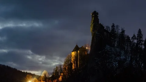Dramatic sky over dracula´s castle Time lapse Stock Footage 90888759