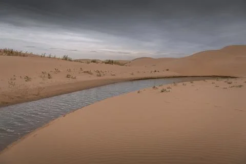 Dramatic sky over the never-ending sand dunes and a river of the Gobi desert  Stock Photos