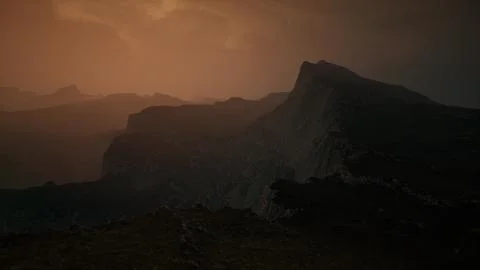 Dramatic sky over rocky mountains at sunset Stock Illustration