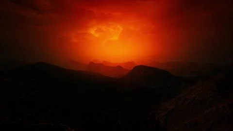 Dramatic sky over rocky mountains at sunset Stock Illustration