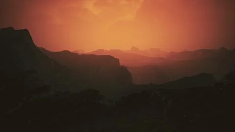 Dramatic sky over rocky mountains at sunset Stock Illustration