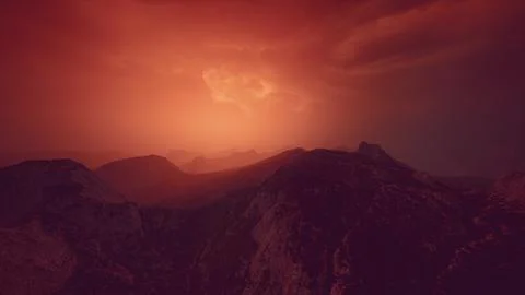 Dramatic sky over rocky mountains at sunset Stock Illustration