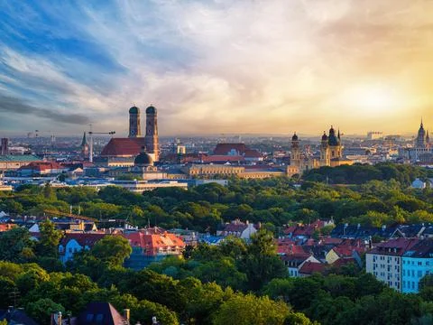 Dramatic sky over the Skyline of Munich with Frauenkirche Stock Photos