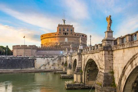 Dramatic sky with Sant Angelo Castle in Rome city, Italy Stock Photos