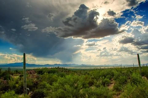 Dramatic Sky with Storm Clouds across the Arizona Desert Southwest Stock Photos