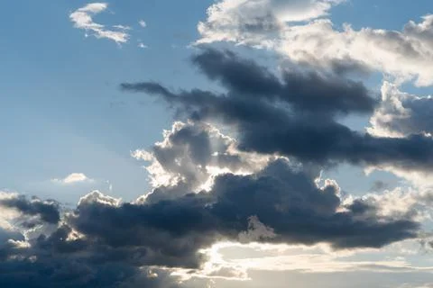 Dramatic sky with storm clouds before rain. Panoramic view of the stormy sky and Stock Photos