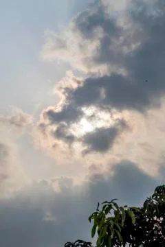 Dramatic sky with stormy clouds. Dark sky and dramatic black cloud before rai 写真素材
