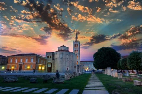 Dramatic sky in Sunset above the old roman square in Zadar, Croatia, with the Stock Photos