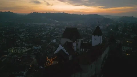 Dramatic Sky at Sunset Over Burgdorf Castle – Aerial Video stock 326357704