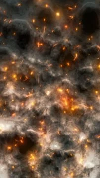 Dramatic smoky texture with glowing orange sparks and dark voids, creating .. Ilustração Stock
