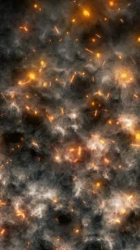Dramatic smoky texture with glowing orange sparks and dark voids, creating .. Illustrazione stock