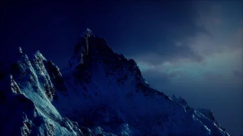 Dramatic snow capped mountain peak illuminated by dusk in a clear sky Stock Illustration