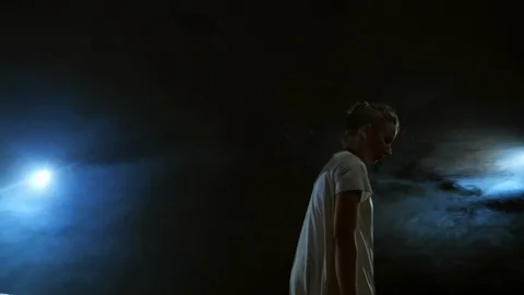 Dramatic spins and flips of a modern ballet dancer from a musical. A single Stock Footage 120904897