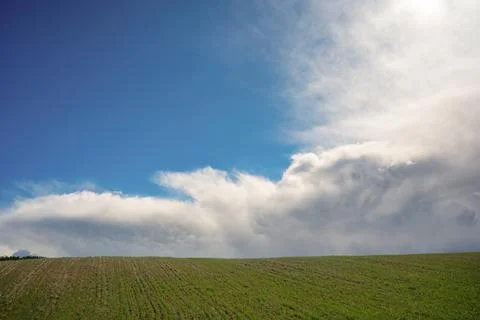 Dramatic spring sky over green field 스톡 사진