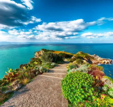 Dramatic spring view on the the cape Milazzo panorama of nature reserve Pisci Foto stock