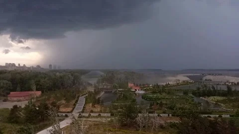 Dramatic Storm Approaching Dnipro City and Dnipro River with Strong Wind Stock Footage 342559792