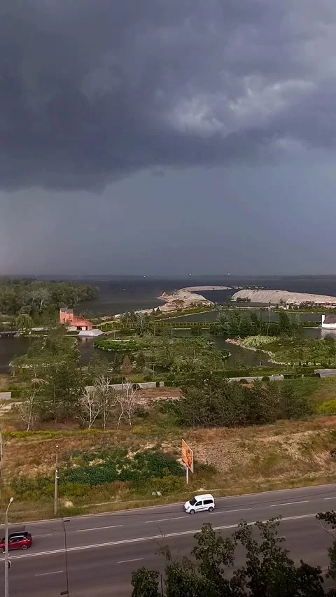 Dramatic Storm Approaching Dnipro City and Dnipro River, Ukraine Stock Footage 342764326