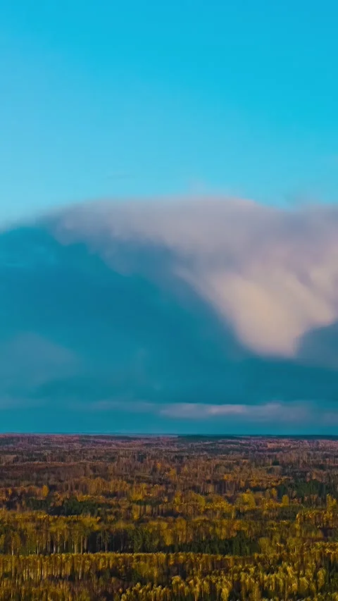 Dramatic Storm Cloud Rolling Over Autumn Taiga Forest Aerial View Stock Footage 336581068