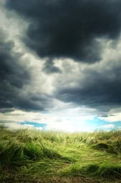 Dramatic storm clouds above green grass, landscape background Stock Photos