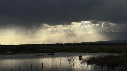 Dramatic Storm Clouds and Rain Over Wetlands and Mountains Xinjiang China Stock Footage 339174898