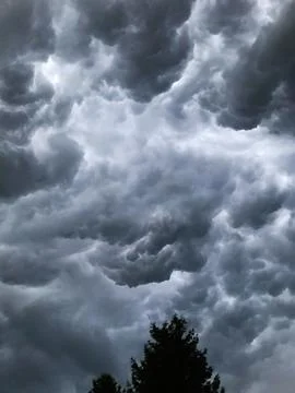 Dramatic storm clouds forming ominous sky above tree line Stock Photos