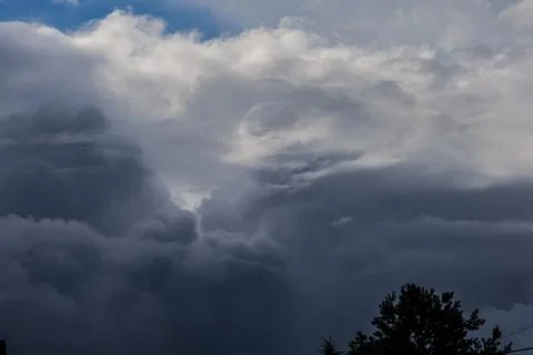 Dramatic storm clouds gather ominously in the sky above a dark forest canopy 스톡 사진