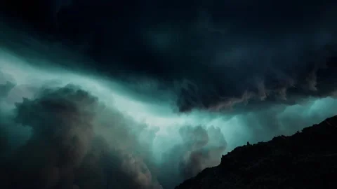 Dramatic Storm Clouds Over Dark Mountain Silhouette 3D Animation Stock Footage 337812378