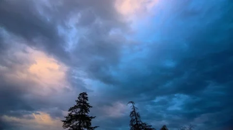 Dramatic storm clouds passing over pine trees silhouettes. 4K UHD Timelapse. Stock Footage