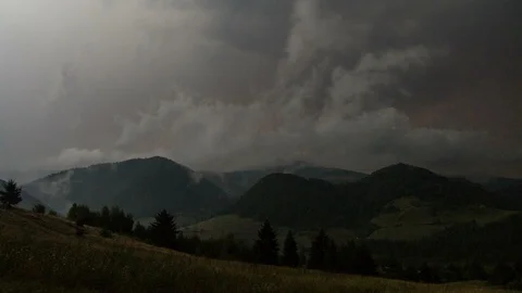 Dramatic storm lightning over forest nature landscape in dark summer Time lapse Stock Footage 106255606