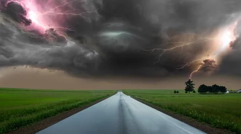 Dramatic storm at sunset producing a powerful tornado twisting Stock Photos