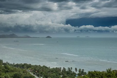 Dramatic stormy cloud sky above sea and small islands of Koh Samui island Stock Photos