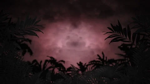 Dramatic stormy sky with pink and purple hues, lightning illuminating trees and Stockbeeldmateriaal 278104670