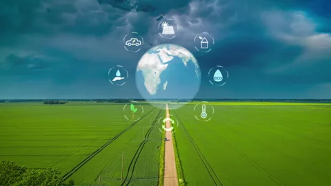 Dramatic stormy weather aerial hyper lapse over fields of crops while Stock Footage 279228464