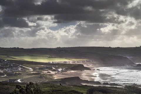 Dramatic stormy Widemouth Bay 스톡 사진
