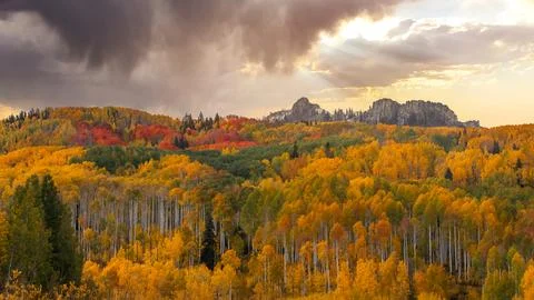 Dramatic Sun Bursts Through Storm Cloud Colorado Landscape Forest Stock Photos