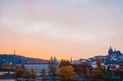 Dramatic sundown with a panoramic view of the other side of Prague in the aut Stock Photos