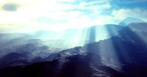 Dramatic sunlight beams illuminating mountain landscape at dawn Stock Illustration