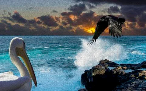 Dramatic sunrise over the ocean before storm with pelican and raven Stock Illustration