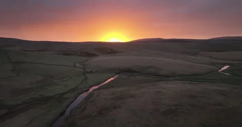 Dramatic sunrise over river in the valley Stock Footage 307172466