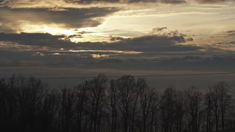 Dramatic sunrise sky above forest silhouette at dawn Stock Footage 323471116