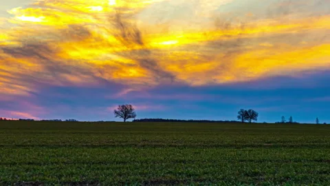 Dramatic Sunrise Time-Lapse Over Latvian Countryside With Golden Clouds and Two Stock Footage 333320702