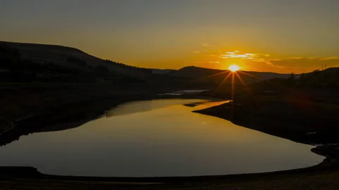Dramatic Sunrise Timelapse Over Woodhead Reservoir Highlighting Drought Stock-Footage 315608981