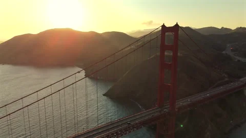 Dramatic Sunset Aerial View Of Golden Gate Bridge In San Francisco With Sun Stock Footage 339065419