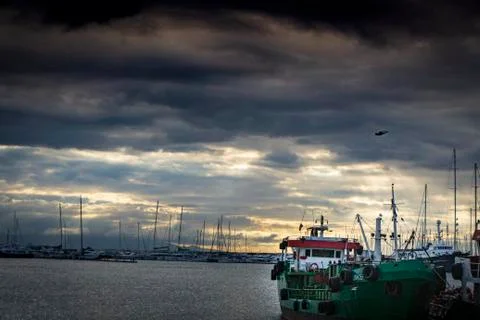 Dramatic sunset and beautiful ship at Pendik, İstanbul. Sunset landscape photo 스톡 사진