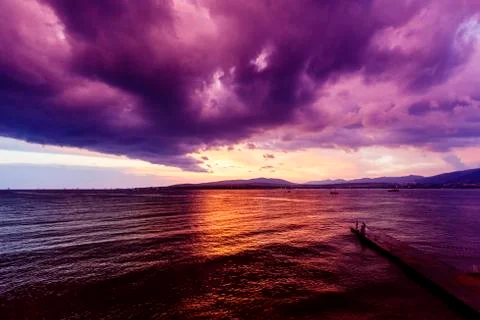 Dramatic sunset and lightning in Gelendzhik Foto stock